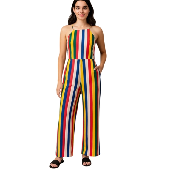 Mm Mm Mm Pants - Multicolor Striped Jumpsuit Size Medium Rainbow Stripes Pockets Dillards NWT